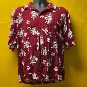 Kai-Veikau Fiji “Hawaiian” red white floral short sleeve button down shirt XL